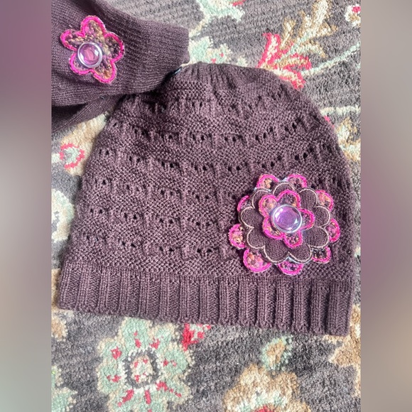 Vtg Y2K Brown Berry Nubby Hat & Glove set w/pink rhinestone flower by Amanda Blu - Picture 7 of 7